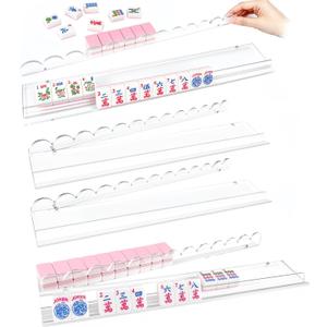4 Pack Clear Acrylic Mahjong Racks Scalloped with Built-in Pushers, All-in-One Tile Holders for American Mah Jong, Modern Table Game Accessories for Home Game Nights, 1.2 Inches