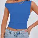 PRETTYGARDEN Women's Off The Shoulder Crop Top - Chic Asymmetrical Going Out Tops for Summer 2026, Slim Fitted & Breathable (Blue, L)