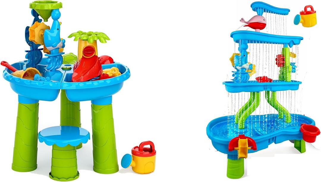 BELLOCHIDDO 3 in 1 Water and Sand Activity Sensory Playset & 4-Tier Splash Pond Toddler Water Table - Summer Outdoor Pool Backyard Toys - Gifts for Boys Girls 1.5+ Years Old