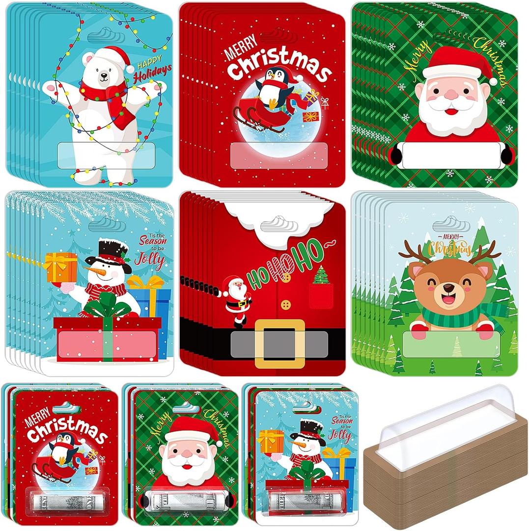 48 Sets Christmas Money Holder for Cash Money Card with Plastic Cover Christmas Tree Cash Holder (Cartoon Christmas)