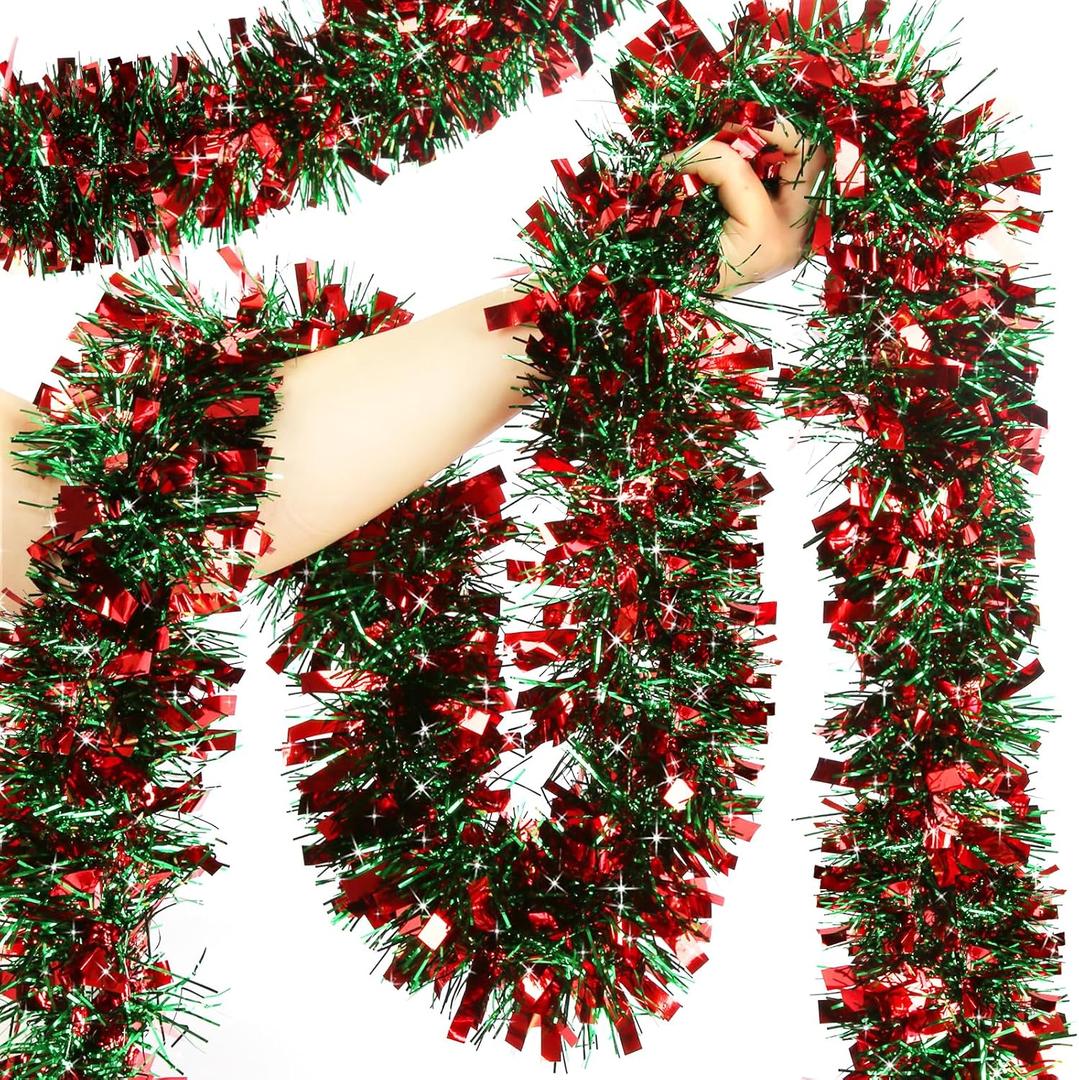 50FT Christmas Tinsel Garland Metallic Tinsel Twist Garland for Christmas Tree Decorations, Xmas Tree Decor for Indoor Outdoor Holiday Party Supplies (Red and Green)