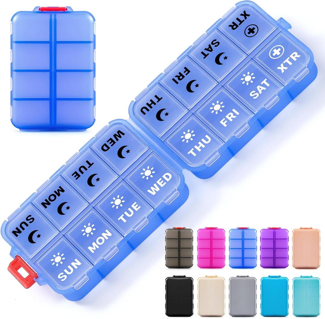 Foldable Weekly Pill Organizer 2 Times a Day with 2 Extra Compartments (Clear Printed Labels) - 7 Day AM PM Medicine Box, Week Daily Travel Pill Case Holder for Vitamin, Supplement - Clear Blue
