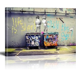 Framed Banksy Canvas Wall Art Life Is Short Pop Street Graffiti Wall Art Decor Cool Poster Paintings Colorful for Men Ready To Hang for Living Room Bedroom Home Bathroom Wall Decor 16x24in