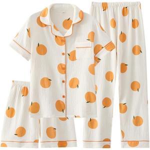 codcm Womens 3pcs Cotton Pajamas Set Short Sleeve Sleepwear Fruit Print Cute Pj Set with Long Pants(White, X-Small)