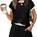 WIHOLL Two Piece Sets for Women Summer Lounge Short Sets Cap Sleeve Crew Neck Sweatsuit with Pocket XS-2XL (Small, 02-black)