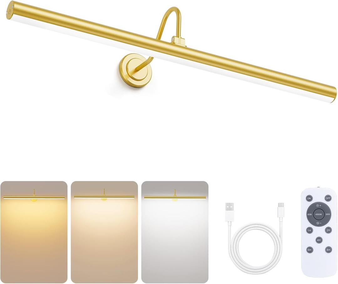 Bridika Picture Lights for Wall Battery Operated, 23.6in Picture Light with Remote, 3 Color Modes and Dimmable Classic Art Light for Paintings, Gallery, Dartboard, Bathroom with Timer (Gold, 1 Pack)