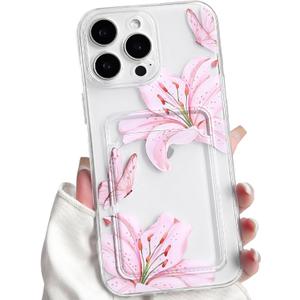 NITITOP Compatible with iPhone 12 Pro Case with Card Holder Clear Cute Floral Lily Flowers Butterfly for Women Girls Soft TPU Shockproof Wallet Case Protective Phone Cover - Pink