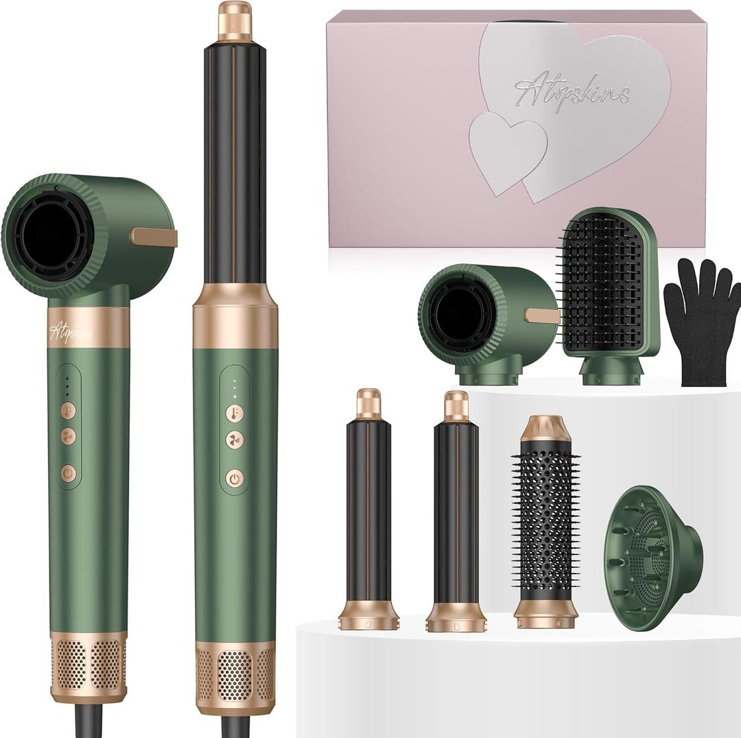 7 in 1 Blow Dryer Brush, Air Wrap Brush Set Hair Dryer Brush 110,000 RPM with Negative Ion Hair Styler Dry, Curling, Volumizing, Straightening and Styling (Green)