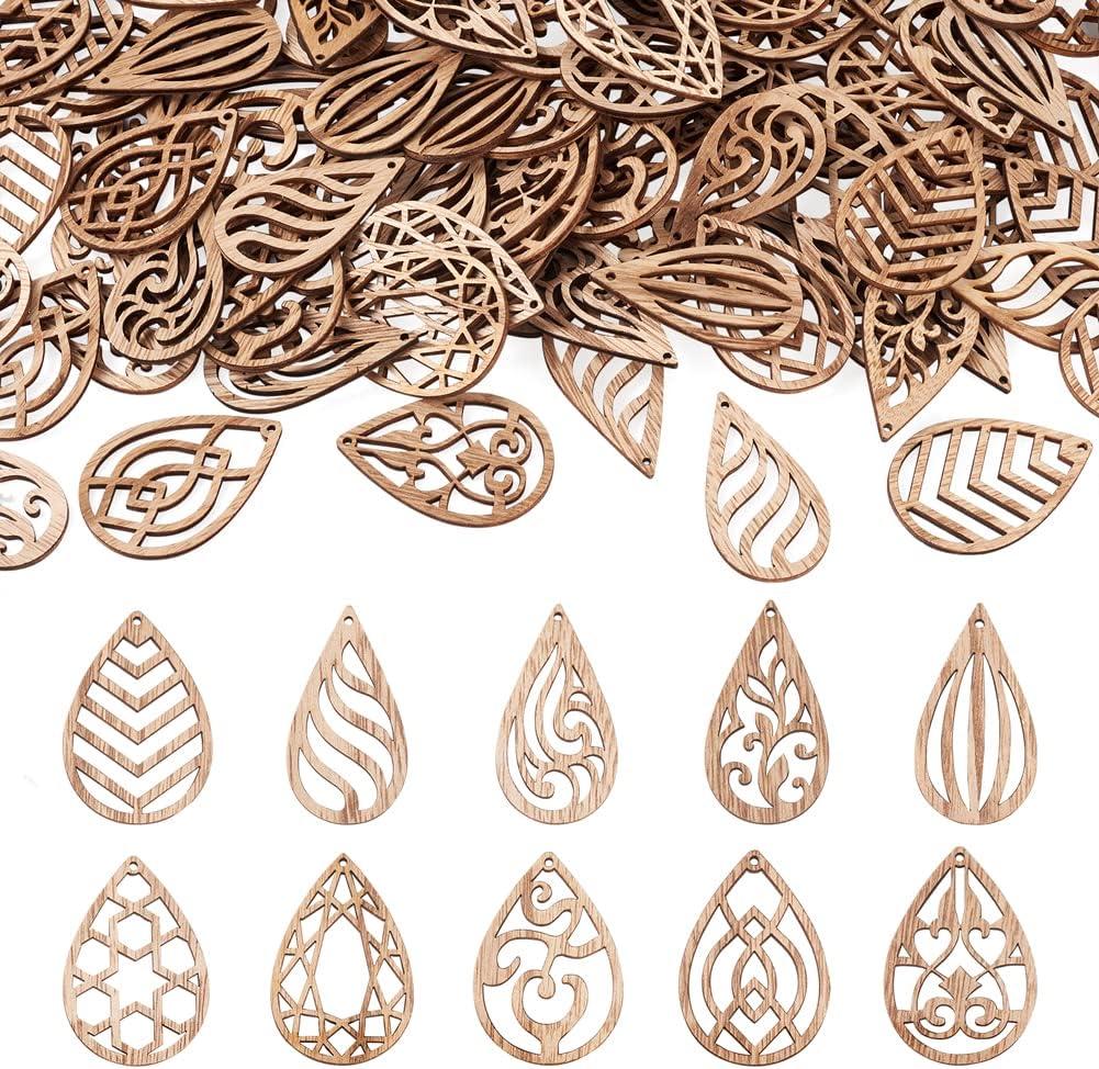 100pcs Unfinished Hollow Drop Wood Cutouts Blank Filigree Teardrop Wooden Pieces Earring Pendants for DIY Jewelry Crafts Making