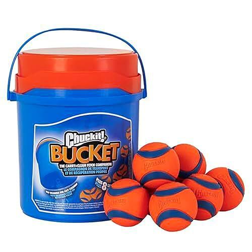 Chuckit! Ultra Ball Dog Toy with Chuckit! Cleaning Bucket, Bouncy Fetch Pet Toys For Dogs 20-60 lbs, Interactive Dog Toys, Durable Rubber, Size Medium, 2.5-inch Diameter, 8-Pack of Balls
