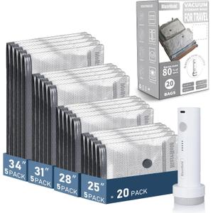 20 Pack Travel Vacuum Storage Bags with Rechargeable Electric Pump, Compression Packing Seal Bag for Luggage, 5 Small + 5 Medium + 5 Large + 5 Jumbo Space Saver Bags for Clothing Travel (20 Pack In 4 Sizes)