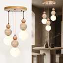 3-Light Spherical Wabi Sabi Travertine Stone Fixture Pendant Light | Nordic Wood Chandelier, Japandi Japanese Style Scandinavian Lamp for Kitchen Islands, Dining & Living Rooms (Log Color)