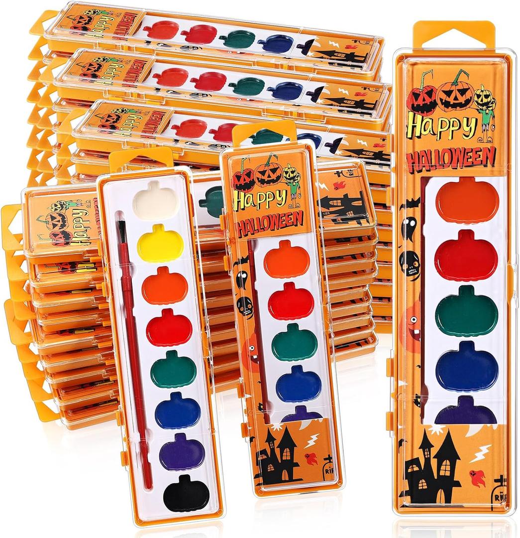 48 Pack Halloween Pumpkin Watercolor Paint Set for Kids 8 Washable Colors with Brushes Water Color Painting Kit for Halloween Painting Kit Gift Party Supplies