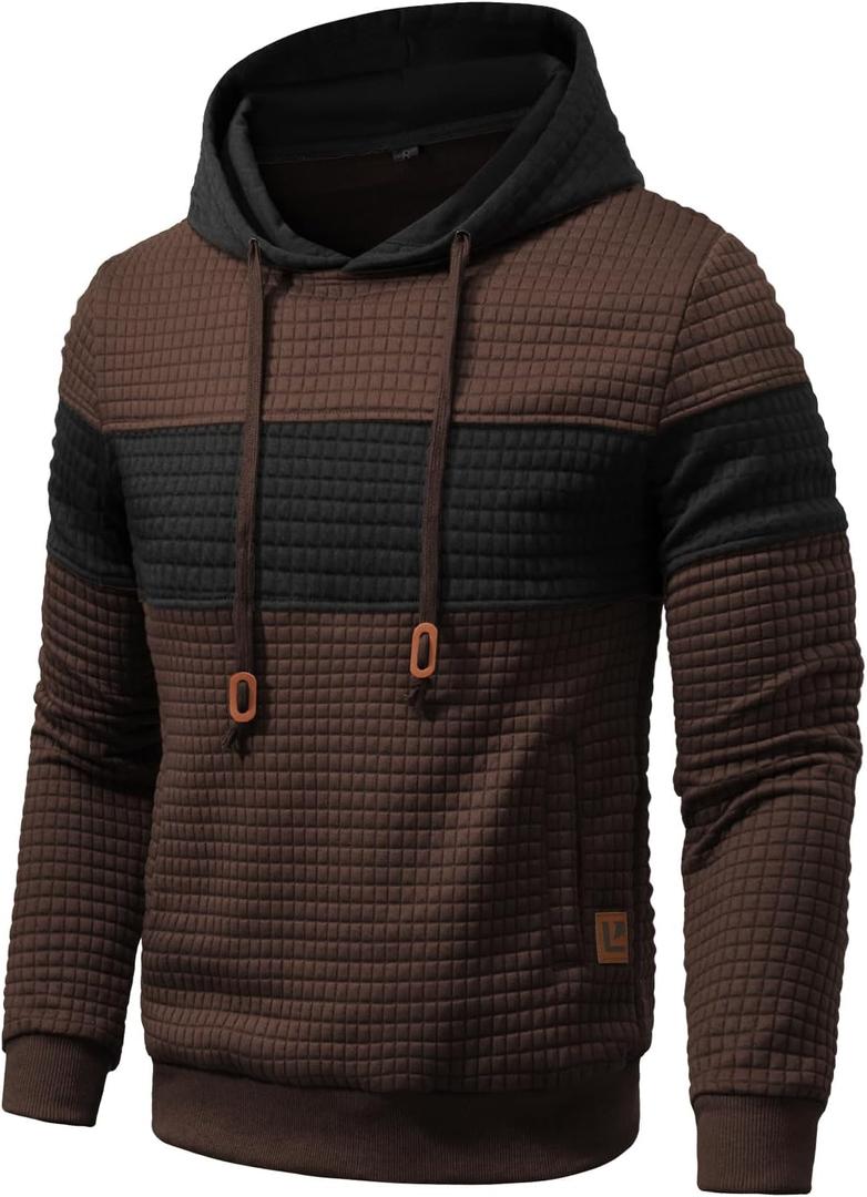 Mens Sweatshirts Long Sleeve Pullover Patchwork Plaid Jacquard Hoodie Casual Drawstring Hoody Top (Large, Brown Black)