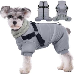 BRKURLEG Grey Dog Winter Coat, Cozy Winter Dog Jackets, Small Dogs Coat with Harness, Onesie Body Warm Puppy Jacket, Pet Reflective Windproof Cold Weather Jackets, Puppy Four-Legged Puffer Coats, S