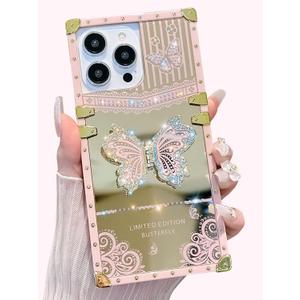 Cute Compatible with iPhone 16 Pro Case,Luxury Bling Butterfly with Foldable Stand Kickstand for Women Girls,Glossy Mirror Shockproof Protective Case for 16 Pro - 6.3(Pink)