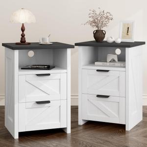 Farmhouse Night Stand Set of 2, Bed Side Table with 2 Drawers and Storage Shelf, Rustic White End Table for Bedroom, Living, Entryway, Office, Dorm, Small Spaces, White