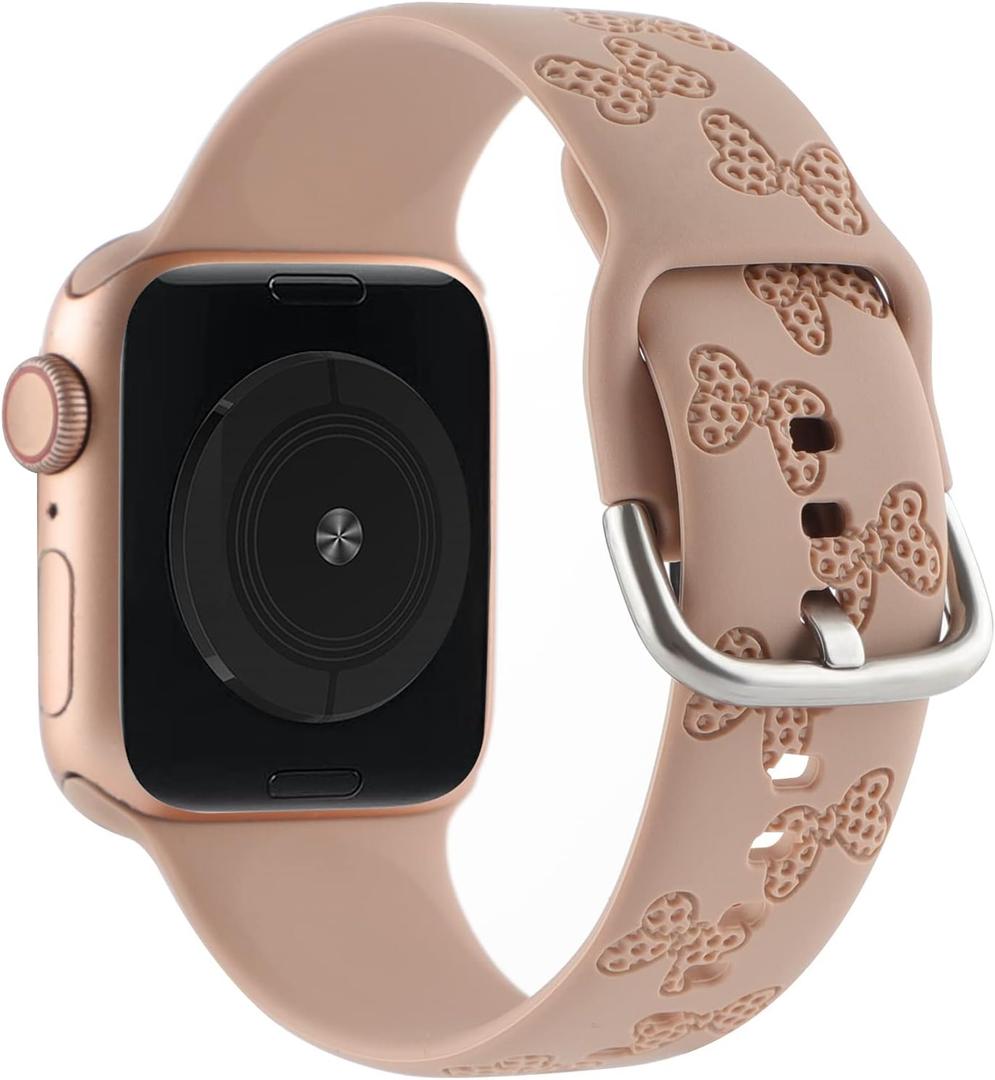 Polka Dot Bowknot Silicone Band Compatible with Apple Watch, Engraved Cute Cartoon Strap Soft Sport Wristband Bracelet for iWatch Series 8 7 6 5 4 3 2 1 SE Ultra (Walnut)