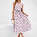 Sureple Women's V Neck Midi Dresses with Pockets Sleeveless Twist Waist Pleated Aline Flowy Beach Holiday Dresses (Pink, S)