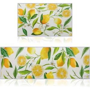 Hanaive 2 Pieces Lemon Kitchen Rugs Set Farmhouse Kitchen Rugs Fruit Runner Mat Non Slip Rubber Backing Area Mat Lemon Doormat Washable Indoor Outdoor Mats Country Decor, 17'' x 30'', 17'' x 47''