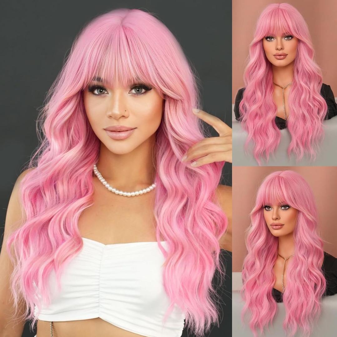7JHH WIGS Long Wavy Pink Wig 24in Natural Heat Resistant Fiber Synthetic Curly Light Pink Wigs with Bangs for Women Girls Daily Party Holiday Festival Chrismas Travel Used