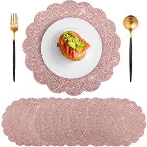 60 Pcs Rose Gold Glitter Paper Placemats, 13.5 Inch Disposable Scalloped Placemat Round Sparkle Table Place Mats Decorative Paper for Baby Shower Tea Garden Party Wedding Birthdays Banquet