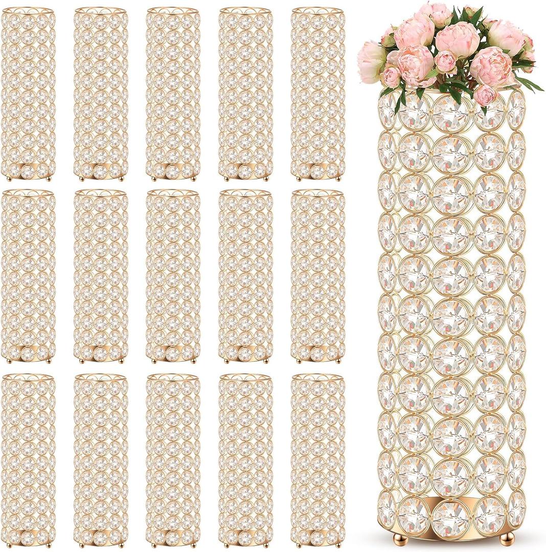 Dandat 16 Pcs Crystal Flower Vase and Pillar Candle Holder Set 10.24 Inch Wedding Cylinder Flower Vases Stand Table Centerpieces Candle Holders for Table Room Home Wedding Party Events Decor(Gold)