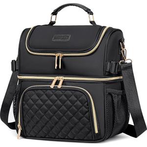 Lunch Bags for Women, Dual Compartment Lunch Box Lunch Bag for Work, Leakproof Lunch Cooler Large Insulated Lunchbox for Adult for Women Men, Lunchbag for Picnic Beach (Black)