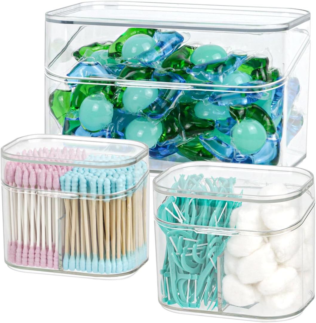 Clear Bathroom Organizer, 2-Size Essentials Set for Hail Accessories & Beauty Supplies, Cotton Swabs, Balls, Pads - Small Clear Plastic Canister Apothecary Jar Set, Vanity Makeup Storage Organizer (L+2S)