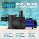 Pool Pump In/Above Ground, 2 HP, 5389GPH, 115V, Powerful Energy Saving Swimming Pool Pump with 1.5" & 2.0'' Inlet/Outlet & Strainer Basket. (2HP+115V)