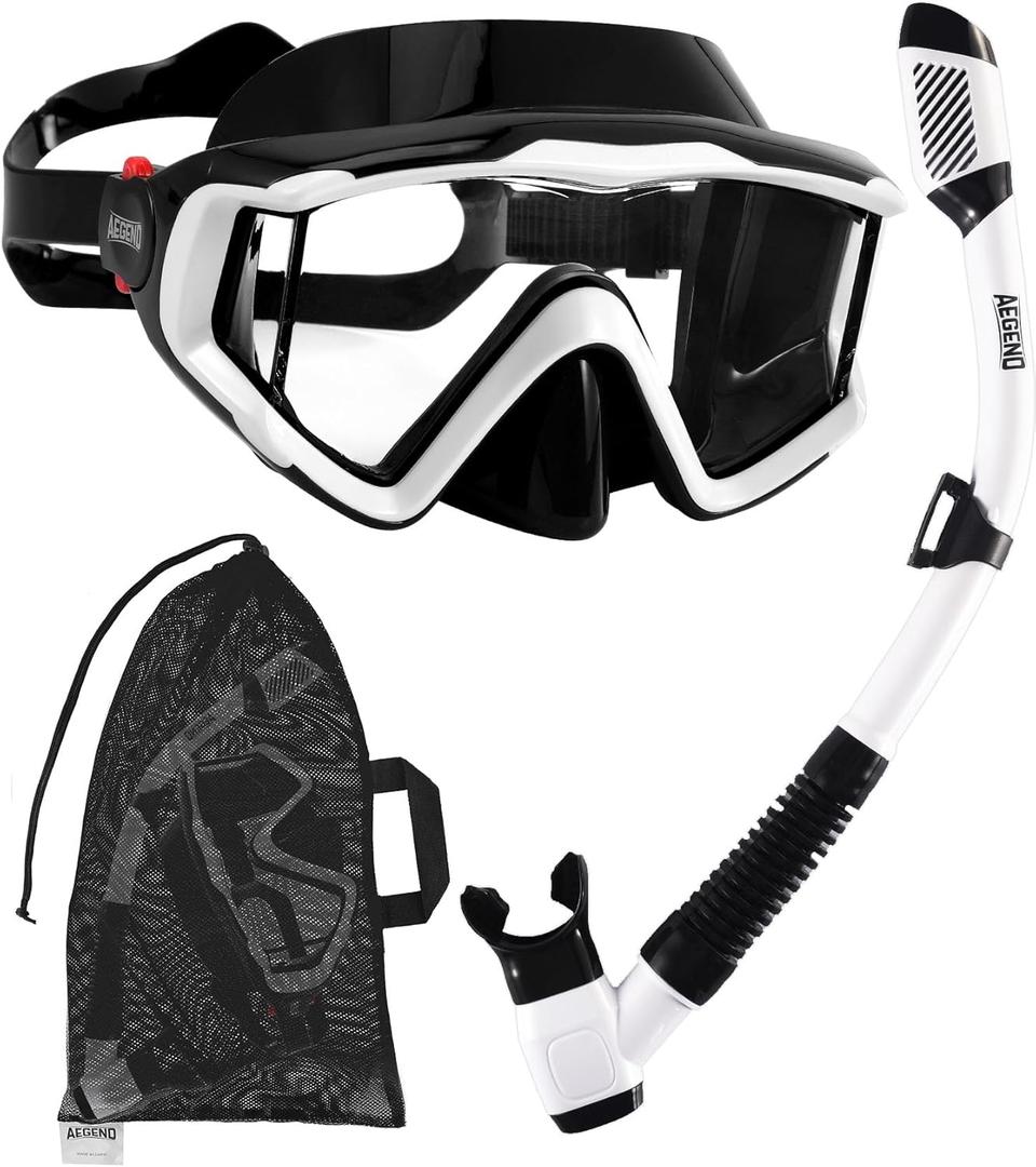 Aegend Snorkeling Gear for Adults, Dry Snorkel Set Panoramic View Enhanced Anti-Leak and Anti-Fog Technology, Adjustable Strap for Snorkeling Scuba Diving Swimming with Mesh Bag