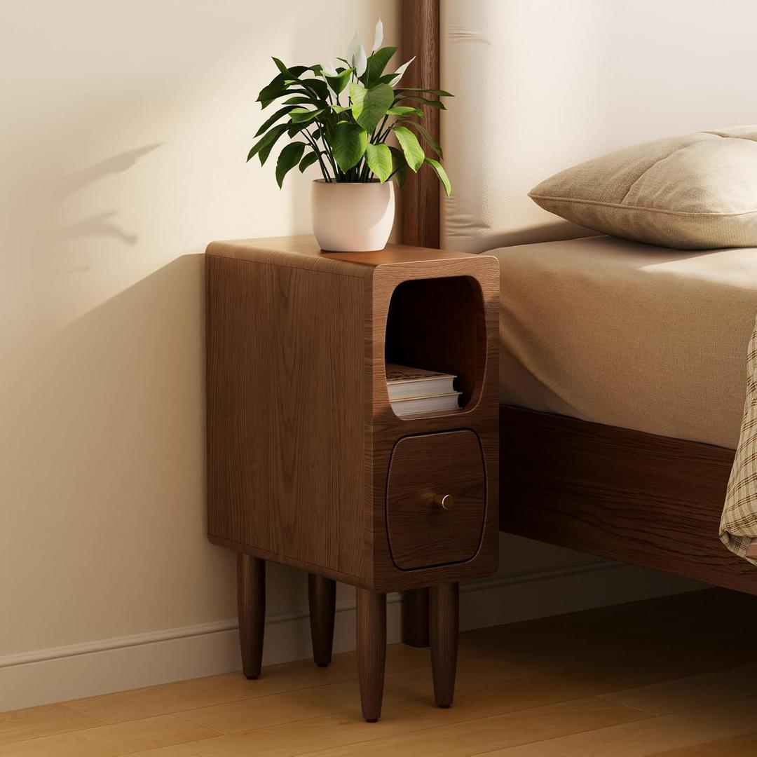 Solid Wood Skinny Nightstand Slim Nightstand with Drawer,Modern Narrow Bedside Table,Narrow Skinny Side Table for Bedroom,Walnut