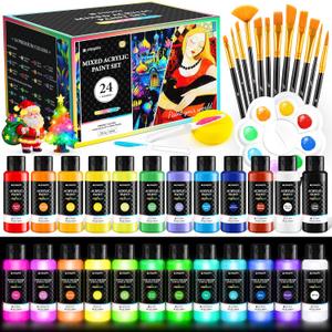 40 PCS Classic & Glow in the Dark Acrylic Paint Set with 12 Brushes, 2 Knives & Palette, 24 Colors Art Craft Paint for Beginners, Halloween Pumpkin Canvas Ceramic Rock Painting Kit (2 Fl Oz (Pack of 24))