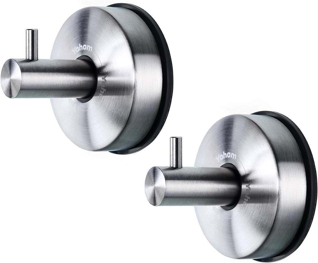 YOHOM Stainless Steel Vacuum Suction Cup Bathroom Shower Holders - Removable Towel Rack, Bathrobe and Loofah Hooks with Brushed Finish (Silver)