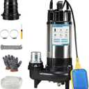 1HP Sewage Grinder Pump Submersible Effluent Pump, Sump Pump 110V 6400GPH with Automatic Float Switch,Stainless steel body and reamer.2'' NPT Discharge for Basement, Sump Basin.