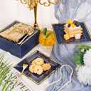 WDF 200PCS Blue Plastic Dessert Plates with Plastic Forks -6 100 Square Disposable Appetizer Plates Small Cake Plates with Gold&100 Navy Blue Small Appetizer Forks for Wedding/Birthday/Graduation