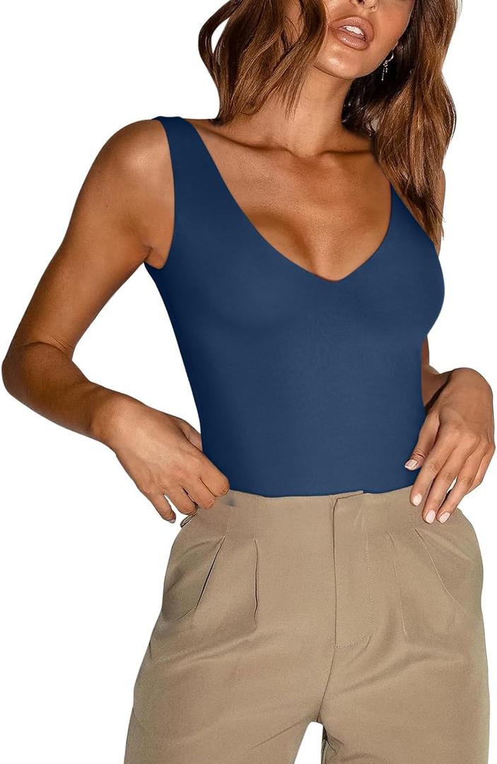 REORIA Butsmooth Womens Trendy Sexy Plunge Deep V Neck Sleeveless V Backless Going Out Tank Bodysuits Tops (Medium)