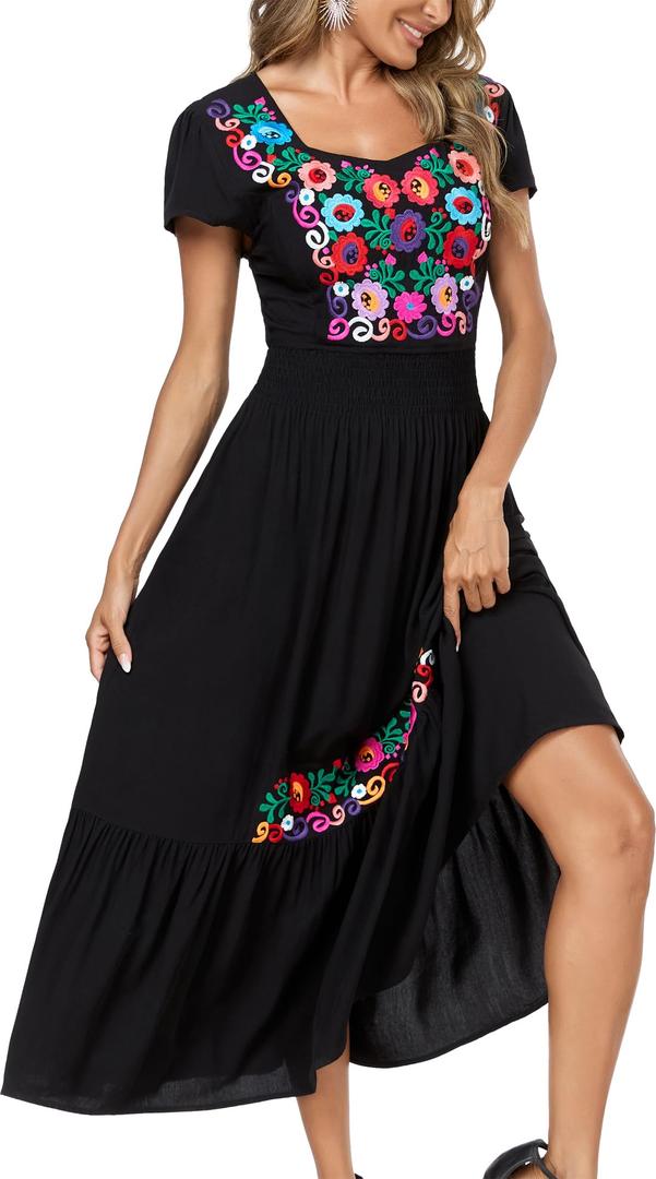 Women's Summer Maxi Dress Casual Floral Embroidered Round Neck Short Sleeve Ruffle Tiered Dress Flowy Boho Beach Sundress, Size M