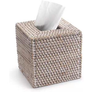 Rattan Tissue Box Cover Square, Hand Woven Wicker Tissue Holder, 5.5 x 5.5 X 5.7 inch, Whitewash