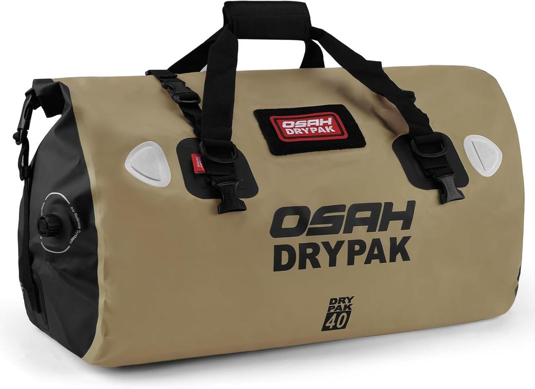 OSAH DRYPAK Waterproof Duffel Bag - Motorcycle Dry Bag Tail Bag with Large Storage Space, Waterproof Luggage Duffle Bags with Outer Mesh Zipper Pocket for Camping, Kayaking, Fishing & Traveling (40L, Brown)