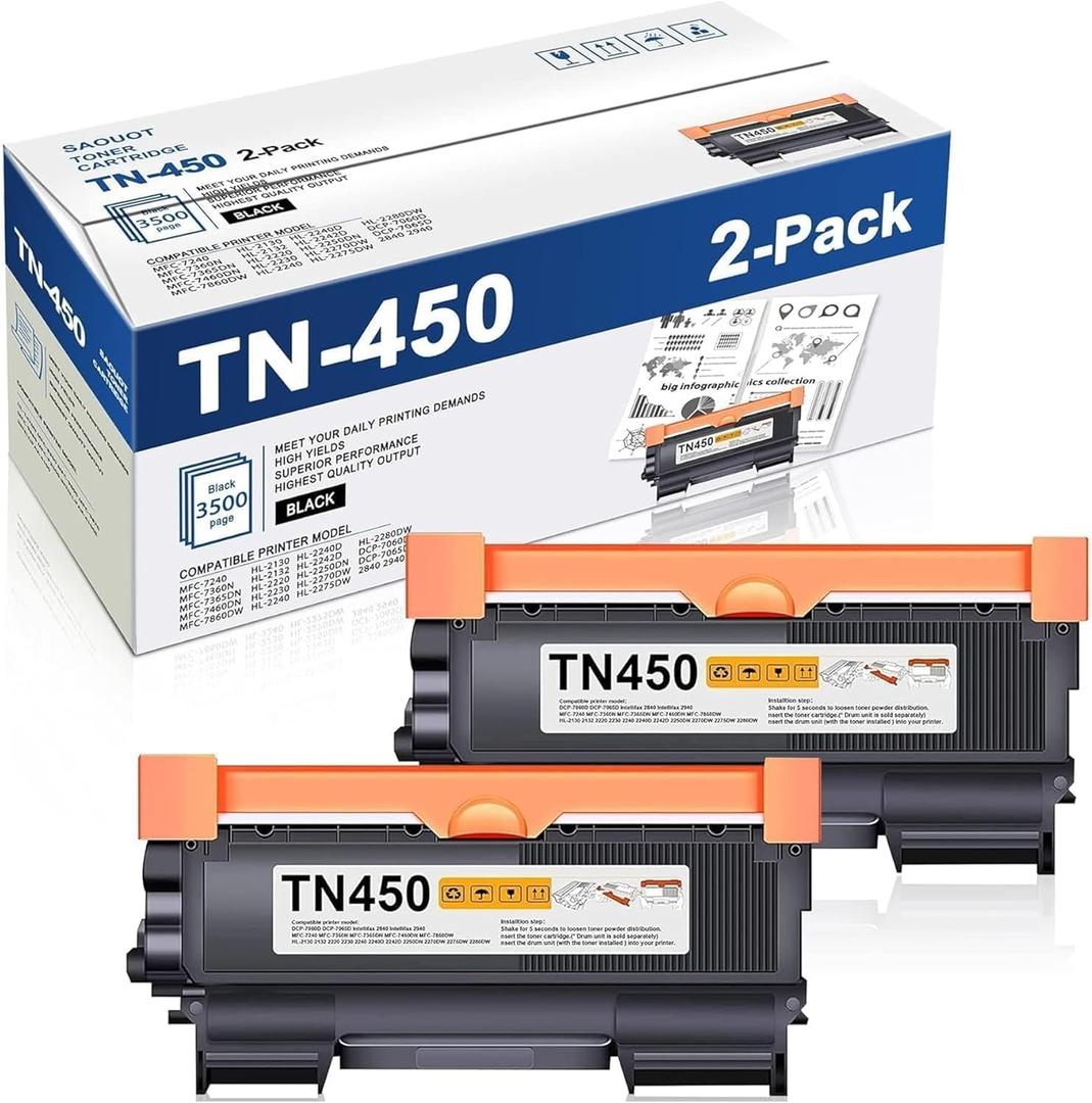 TN450 Toner Cartridge Black High Yield 2-Pack Replacement for Brother TN-450 HL-2270dw HL-2280dw MFC-7860dw IntelliFax 2840 2940 Printers