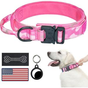 Hotsky Tactical Dog Collar, Adjustable Military Training Nylon Airtag Collar with Handle and Heavy Duty Metal Buckle for Dogs, with Airtag Holder and Two Patches Pink Camo,Large