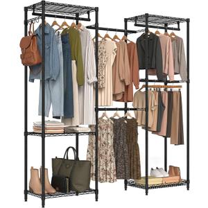 Freestanding Closet System, Large Free Standing Closet Rack Organizer for Hanging Clothes Adjustable Metal Wire Clothing Rack with 5 Shelves & 5 Rods, Black (15.3"D x 69.3"W x 70.8"H)
