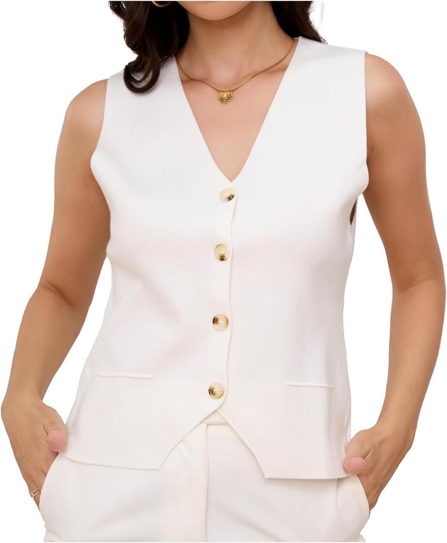 JASGOOD Womens Knitted Sweater Vest Top Trendy Sleeveless V Neck Tank Top (White, S)
