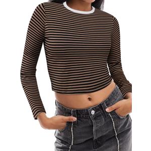 LilyCoco Womens Striped Long Sleeve Crop Top Crewneck Basic Fitted T Shirts Brown X-Large