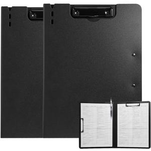 FRETONBA Clipboard Folder, 2 Pcs A4 Foldable Clipboard with Horizontal and Vertical Double Metal Clips, 360 Degree Foldable Binder Clipboards with Pen Holder, File Cover Work Folder Clipboards, Black