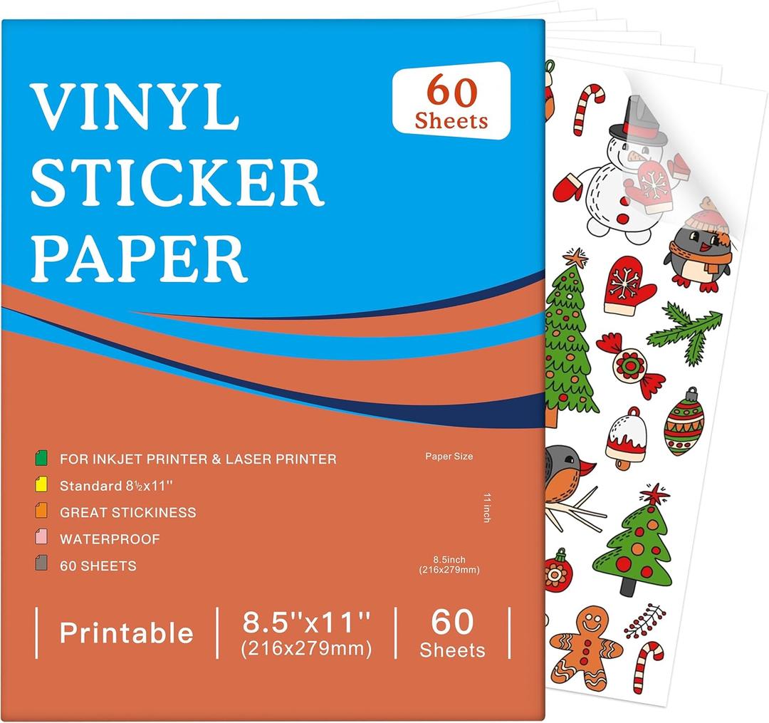 60 Sheets Premium Printable Vinyl Sticker Paper Clear - 8.5x11" for Inkjet Printers, Waterproof Tear Resistant, Dries Quickly, Vivid Colors, Easy to Cut for Cutting Machines, DIY Self-Adhesive Labels