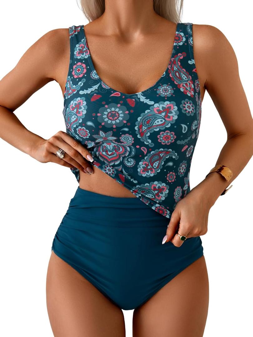 Eomenie Two Piece Tankini Swimsuits for Women Tummy Control Bathing Suits Cutout Back Swim Tank Top with High Waisted Bottom (XX-Large, Peacock Green Print)
