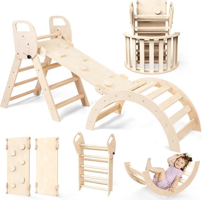 Norbee Pikler Triangle Set Foldable Wooden Toddler Climbing Toys Indoor, Playground Jungle Gym for Kids, Montessori Climbing Set for Toddlers