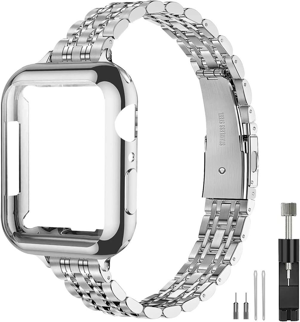 Slim Watch Band Compatible with Apple Watch 41mm 45mm 42mm 44mm 40mm 38mm Metal Stainless Steel Watchband Suitable for iWatch 10/9/8/7/6/5/4/3/2/1/SE Series Women Luxury Strap (Silver)